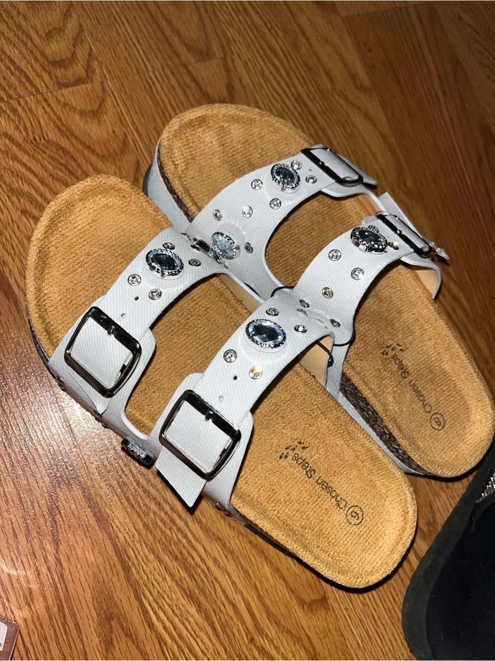 White Jeweled Double-Buckle Slide Sandals- also comes in black.